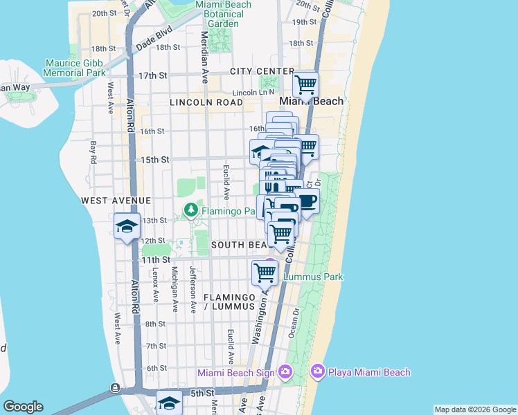 map of restaurants, bars, coffee shops, grocery stores, and more near in Miami Beach