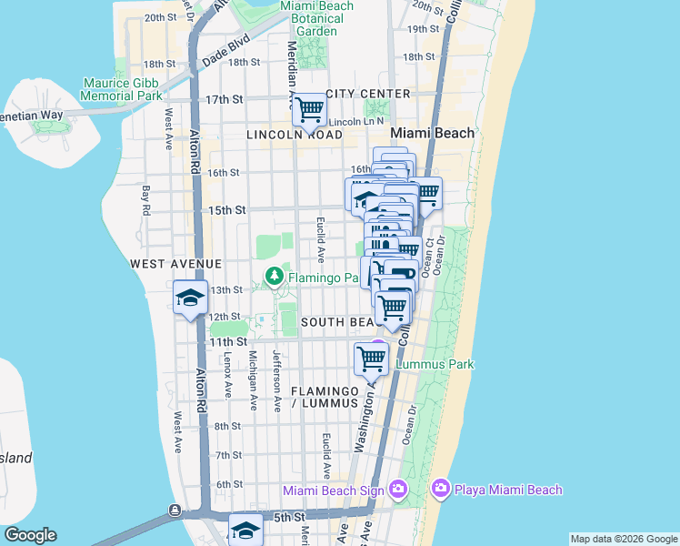map of restaurants, bars, coffee shops, grocery stores, and more near 1340 Pennsylvania Avenue in Miami Beach