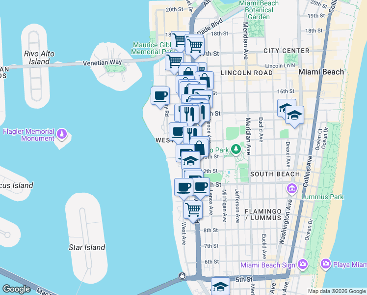 map of restaurants, bars, coffee shops, grocery stores, and more near in Miami Beach
