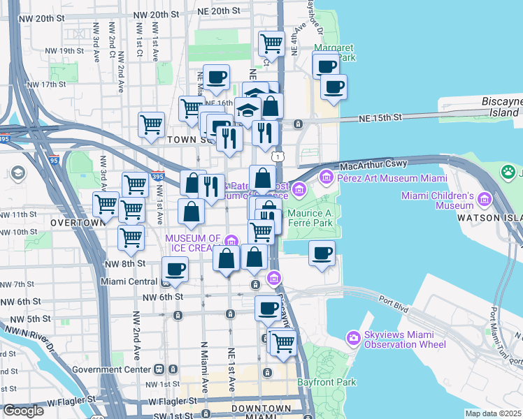 map of restaurants, bars, coffee shops, grocery stores, and more near 1100 Northeast 11th Street in Miami