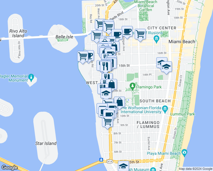 map of restaurants, bars, coffee shops, grocery stores, and more near 1240 14th Street in Miami Beach