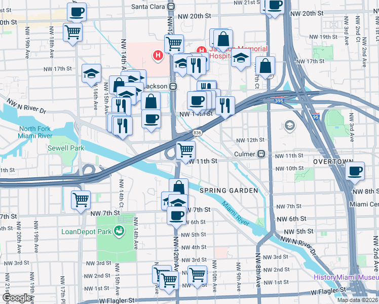 map of restaurants, bars, coffee shops, grocery stores, and more near 1155 Northwest 11th Street in Miami