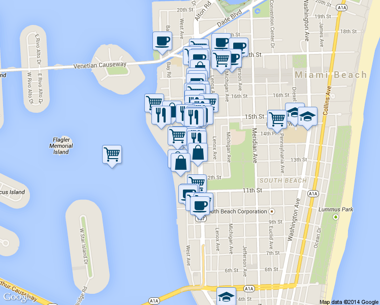 map of restaurants, bars, coffee shops, grocery stores, and more near in Miami Beach