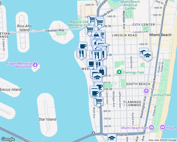 map of restaurants, bars, coffee shops, grocery stores, and more near 1330 14th Street in Miami Beach