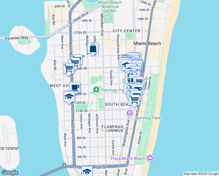 map of restaurants, bars, coffee shops, grocery stores, and more near 1411 Meridian Avenue in Miami Beach