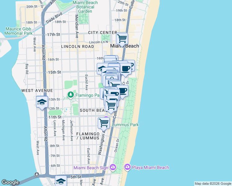 map of restaurants, bars, coffee shops, grocery stores, and more near 1334 Collins Avenue in Miami Beach