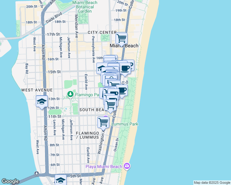 map of restaurants, bars, coffee shops, grocery stores, and more near 222 14th Street in Miami Beach