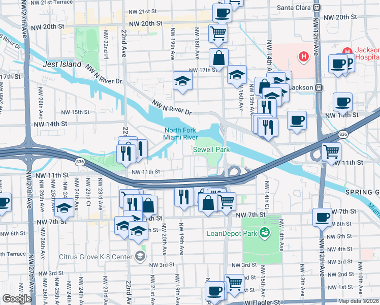 map of restaurants, bars, coffee shops, grocery stores, and more near 1861 Northwest South River Drive in Miami
