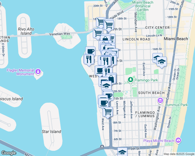 map of restaurants, bars, coffee shops, grocery stores, and more near 1330 14th Street in Miami Beach