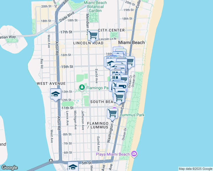 map of restaurants, bars, coffee shops, grocery stores, and more near 1340 Pennsylvania Avenue in Miami Beach