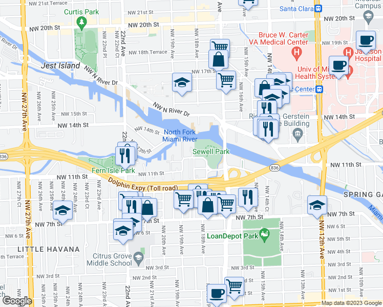 map of restaurants, bars, coffee shops, grocery stores, and more near 1865 Northwest South River Drive in Miami