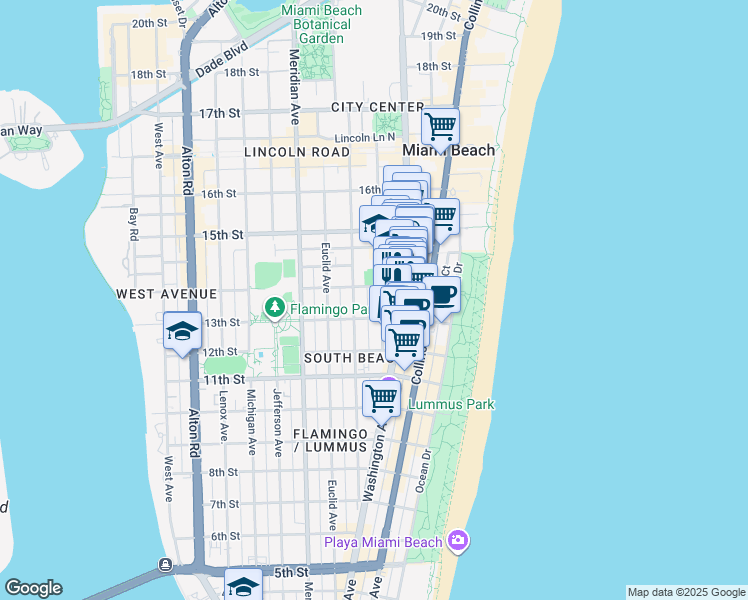 map of restaurants, bars, coffee shops, grocery stores, and more near 1340 Drexel Avenue in Miami Beach
