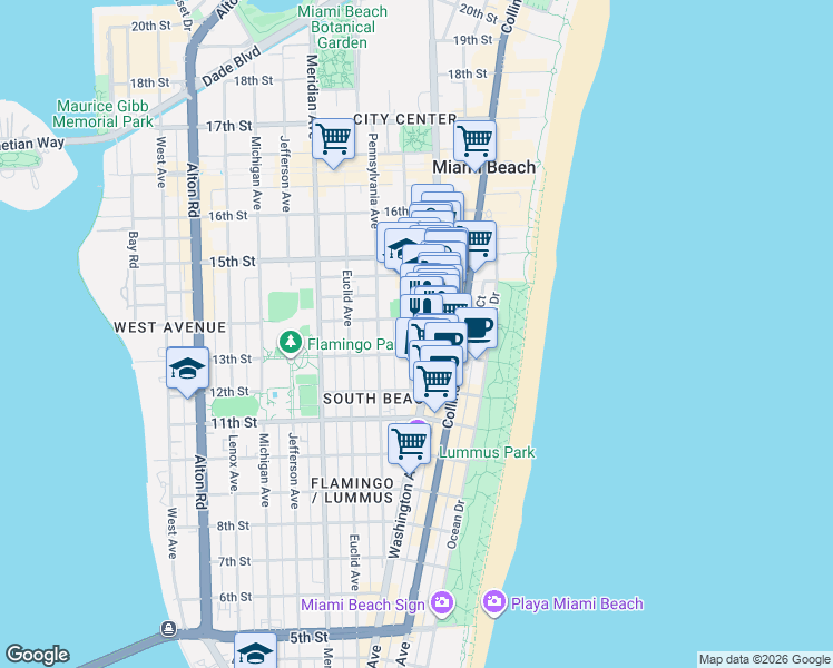 map of restaurants, bars, coffee shops, grocery stores, and more near in Miami Beach