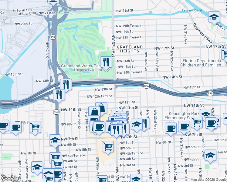 map of restaurants, bars, coffee shops, grocery stores, and more near 3700 Northwest 13th Street in Miami