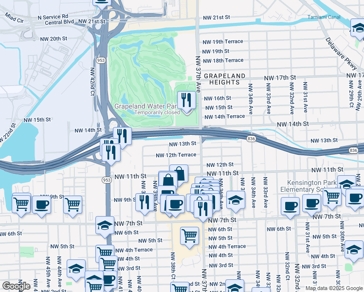 map of restaurants, bars, coffee shops, grocery stores, and more near 3760 Northwest 13th Street in Miami