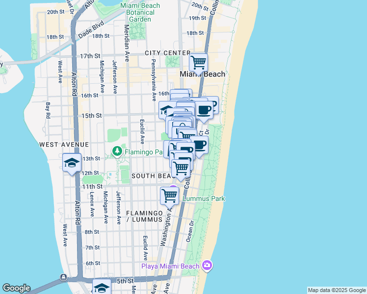 map of restaurants, bars, coffee shops, grocery stores, and more near 222 14th Street in Miami Beach