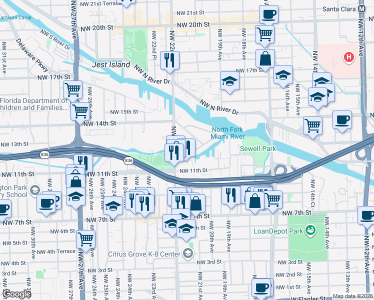 map of restaurants, bars, coffee shops, grocery stores, and more near 2130 Northwest 13th Street in Miami