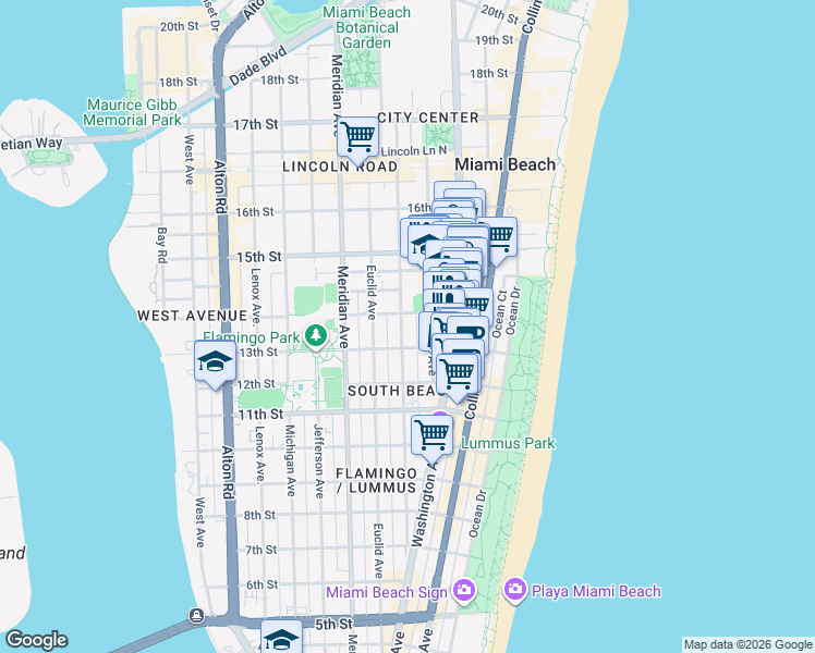 map of restaurants, bars, coffee shops, grocery stores, and more near 1340 Pennsylvania Avenue in Miami Beach