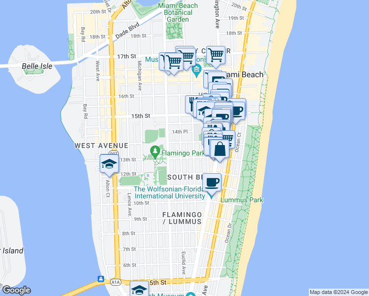 map of restaurants, bars, coffee shops, grocery stores, and more near 1340 Pennsylvania Avenue in Miami Beach