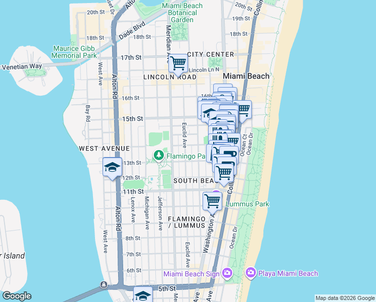 map of restaurants, bars, coffee shops, grocery stores, and more near 1340 Pennsylvania Avenue in Miami Beach
