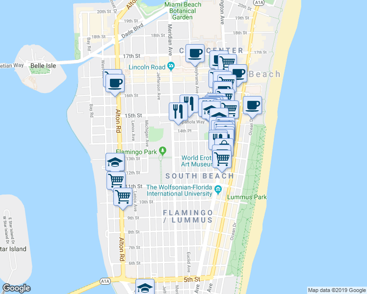 map of restaurants, bars, coffee shops, grocery stores, and more near in Miami Beach