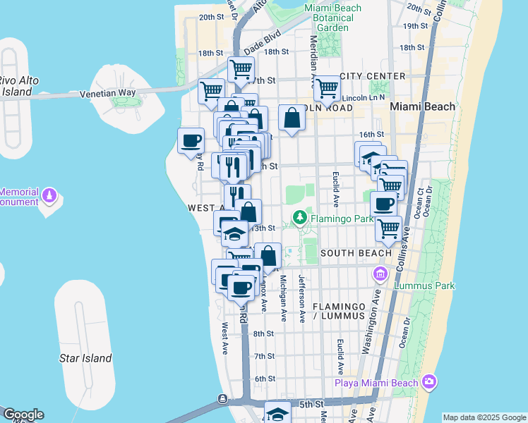 map of restaurants, bars, coffee shops, grocery stores, and more near 1350 Michigan Avenue in Miami Beach