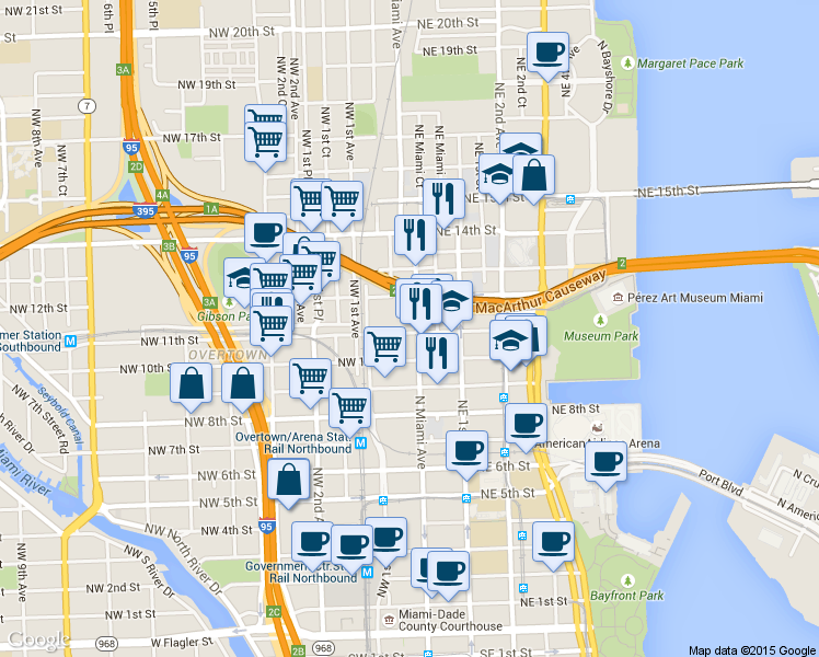 map of restaurants, bars, coffee shops, grocery stores, and more near in Miami