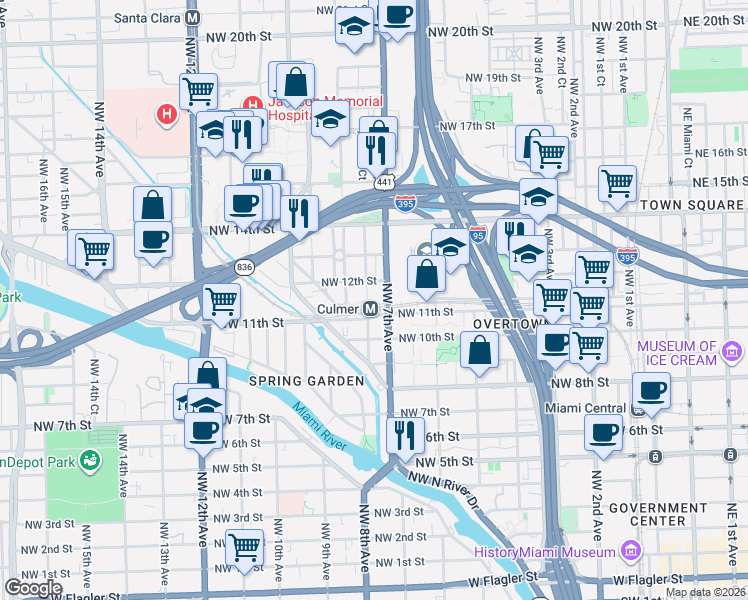 map of restaurants, bars, coffee shops, grocery stores, and more near in Miami