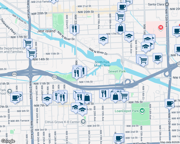 map of restaurants, bars, coffee shops, grocery stores, and more near 2034 Northwest 13th Street in Miami