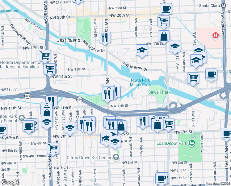 map of restaurants, bars, coffee shops, grocery stores, and more near 2130 Northwest 13th Street in Miami