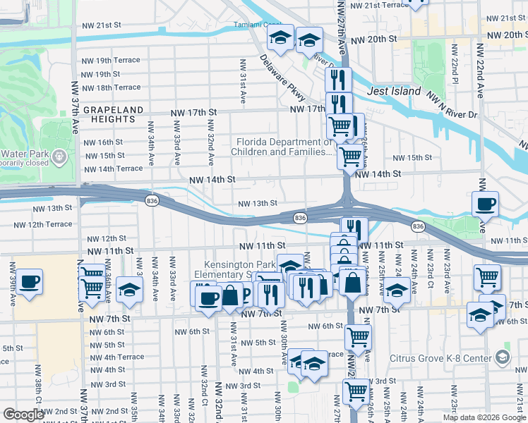 map of restaurants, bars, coffee shops, grocery stores, and more near 3028 Northwest 13th Street in Miami
