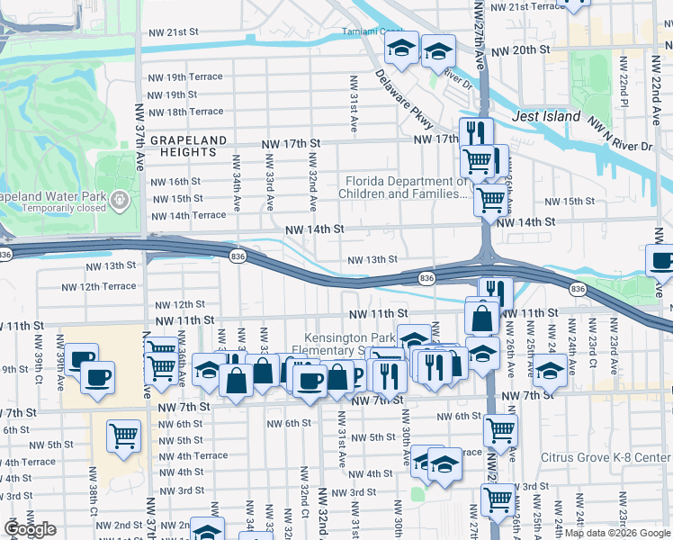 map of restaurants, bars, coffee shops, grocery stores, and more near 3050-3052 NW 13th Ave in Miami