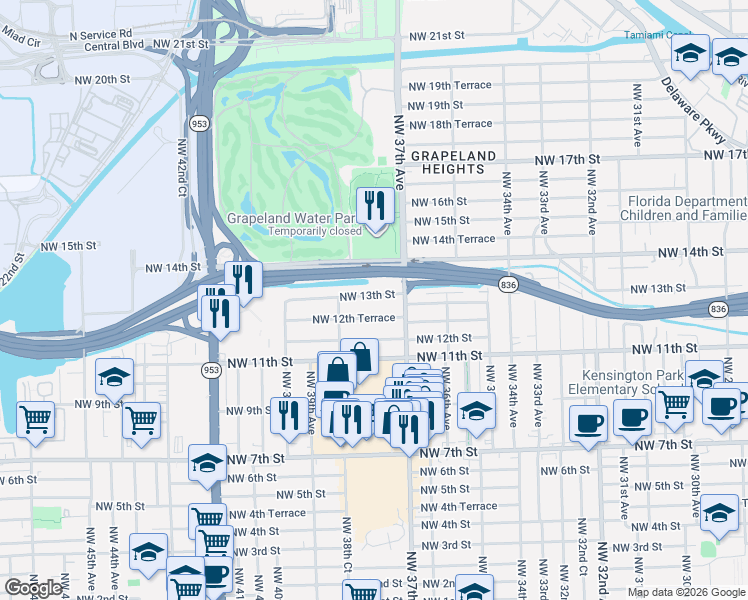 map of restaurants, bars, coffee shops, grocery stores, and more near 3760 Northwest 13th Street in Miami