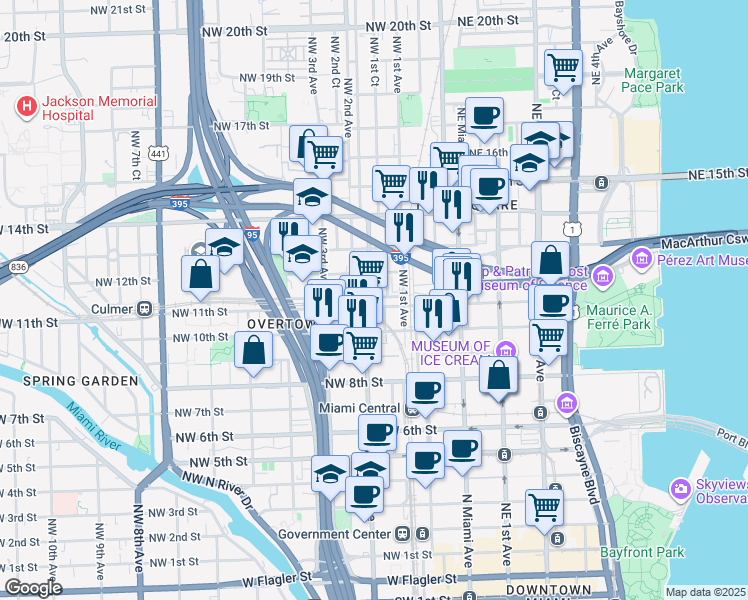 map of restaurants, bars, coffee shops, grocery stores, and more near 1118 Northwest 1st Court in Miami