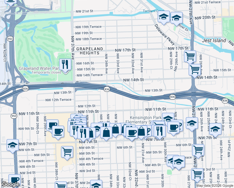 map of restaurants, bars, coffee shops, grocery stores, and more near 1255 Northwest 33rd Avenue in Miami