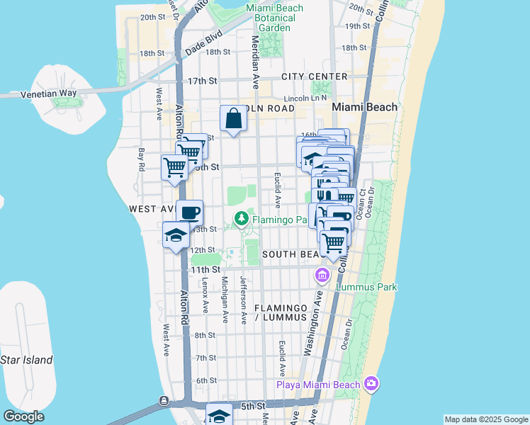 map of restaurants, bars, coffee shops, grocery stores, and more near 1411 Meridian Avenue in Miami Beach