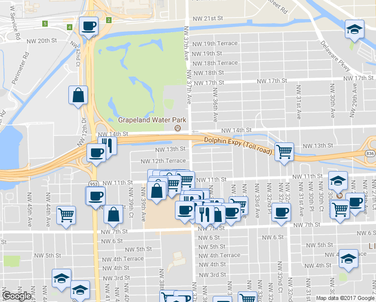 map of restaurants, bars, coffee shops, grocery stores, and more near 3700 Northwest 13th Street in Miami