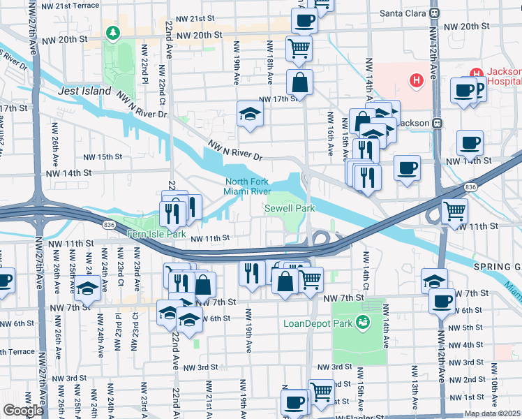 map of restaurants, bars, coffee shops, grocery stores, and more near 1861 Northwest South River Drive in Miami