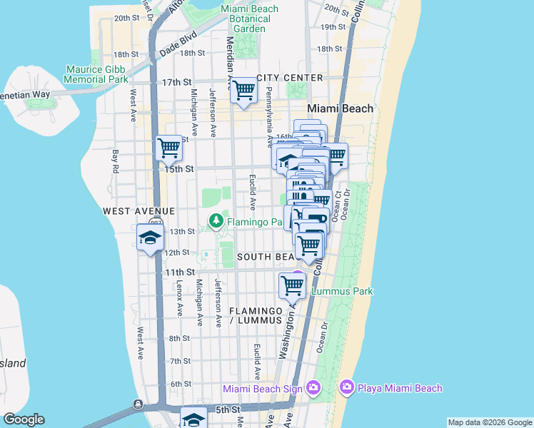 map of restaurants, bars, coffee shops, grocery stores, and more near 1340 Pennsylvania Avenue in Miami Beach