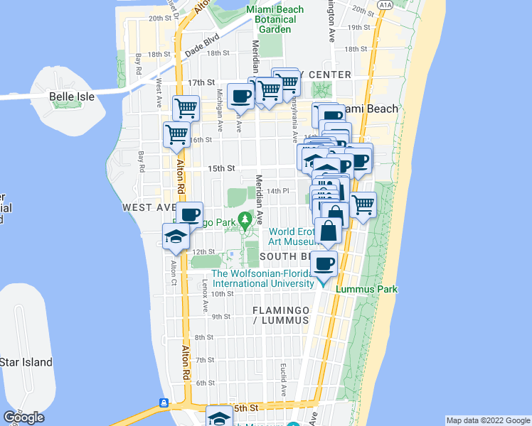 map of restaurants, bars, coffee shops, grocery stores, and more near 1345 Meridian Avenue in Miami Beach