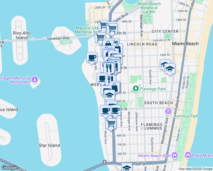 map of restaurants, bars, coffee shops, grocery stores, and more near in Miami Beach