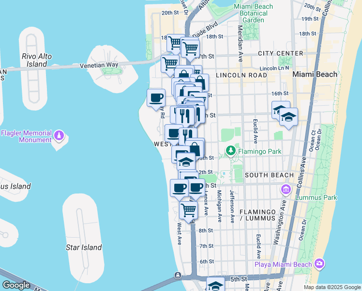 map of restaurants, bars, coffee shops, grocery stores, and more near 1240 14th Street in Miami Beach