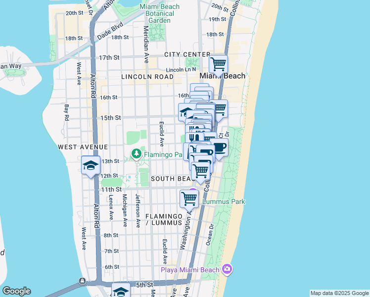 map of restaurants, bars, coffee shops, grocery stores, and more near in Miami Beach