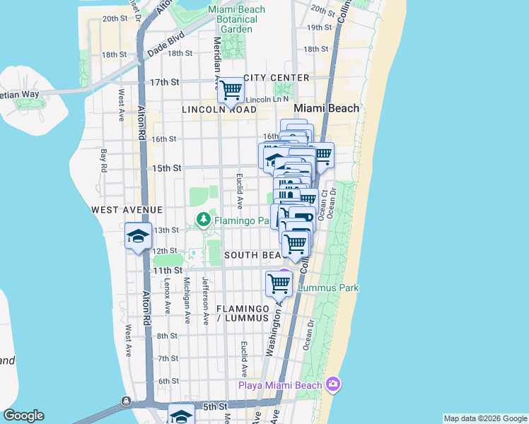 map of restaurants, bars, coffee shops, grocery stores, and more near 1340 Pennsylvania Avenue in Miami Beach