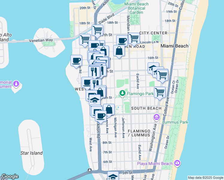 map of restaurants, bars, coffee shops, grocery stores, and more near 1350 Michigan Avenue in Miami Beach