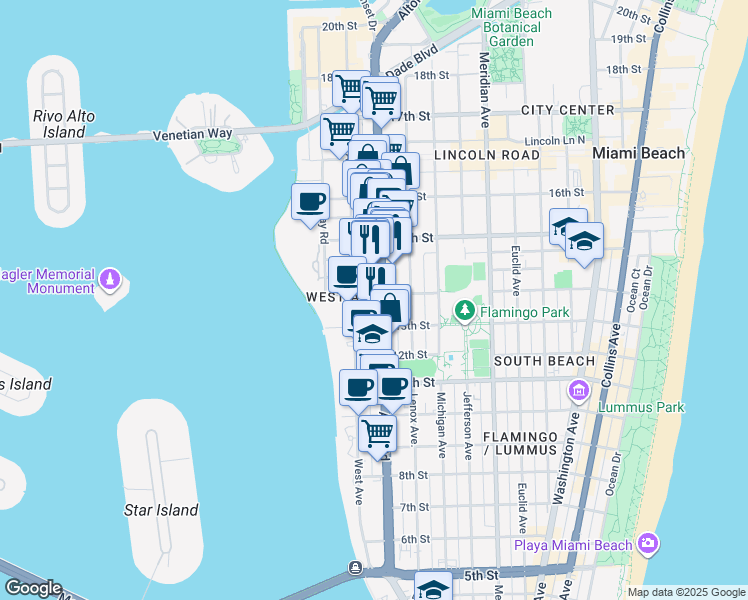 map of restaurants, bars, coffee shops, grocery stores, and more near 1240 14th Street in Miami Beach
