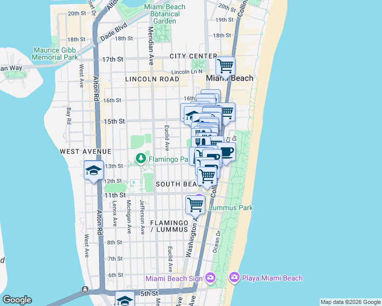 map of restaurants, bars, coffee shops, grocery stores, and more near in Miami Beach