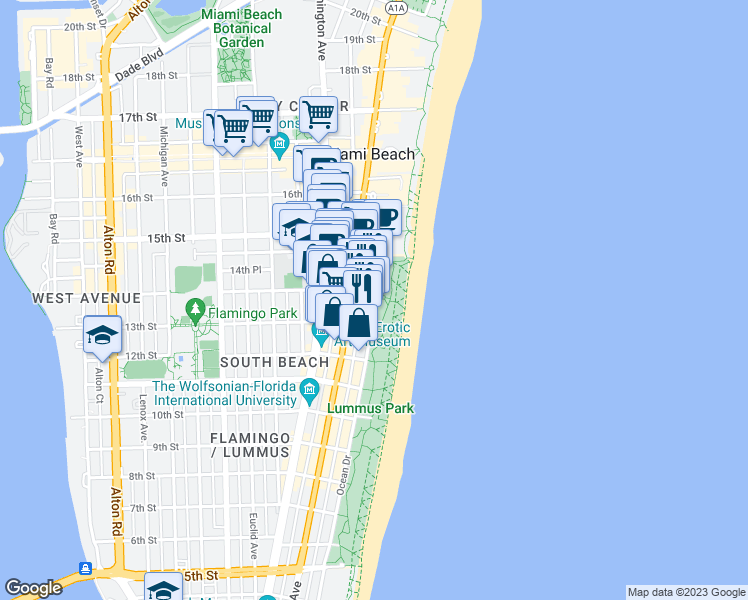 map of restaurants, bars, coffee shops, grocery stores, and more near 1390 Ocean Drive in Miami Beach