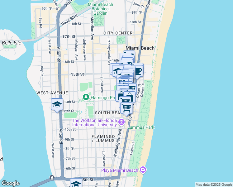 map of restaurants, bars, coffee shops, grocery stores, and more near in Miami Beach