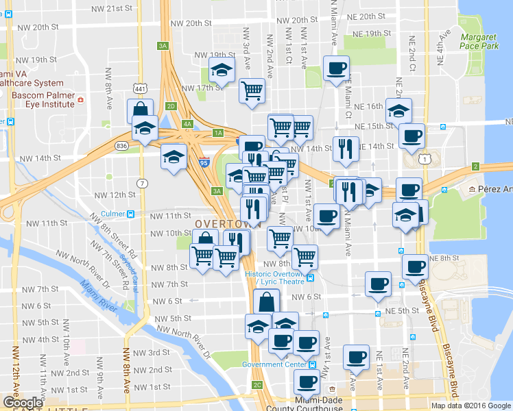 map of restaurants, bars, coffee shops, grocery stores, and more near 1130 Northwest 2nd Avenue in Miami